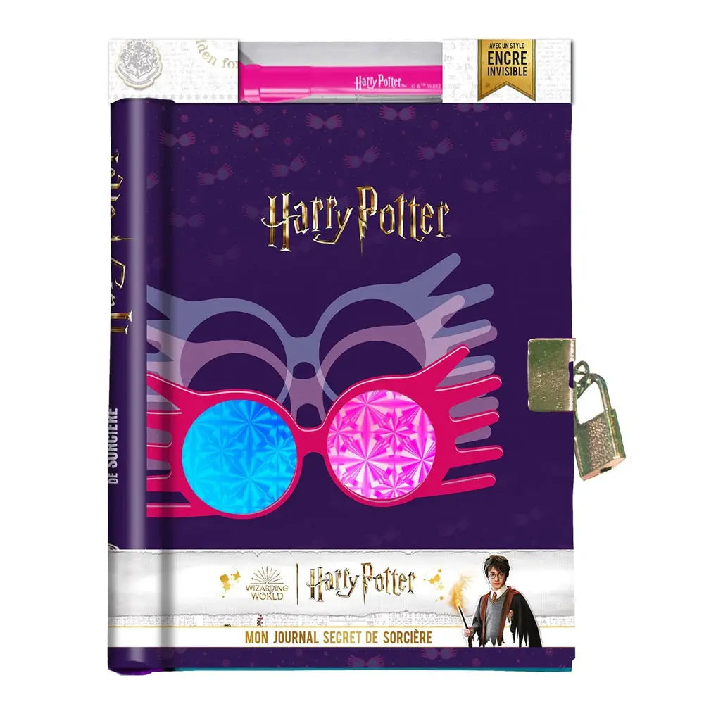 Harry Potter - Mon journal secret de sorcière, inspiré de Luna Lovegood, sa couverture violette ornée des célèbres lorgnospectres roses de Luna, accompagnée d'un cadenas métallique et surmontée d'un stylo à encre invisible rose.