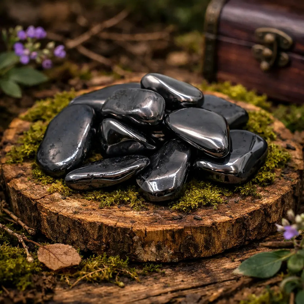 Pierres roulées d'Hématite aux reflets métalliques gris anthracite, luisantes sur une tranche de bois moussue, évoquant un trésor minéral protégé par la forêt.