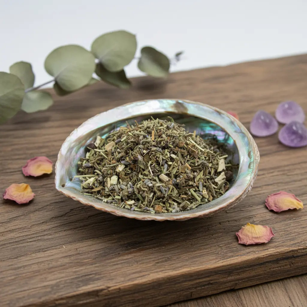 Mélange d’herbes magiques protectrices dans une coquille d’ormeau nacrée, sur planche en bois avec pétales de rose et cristaux.