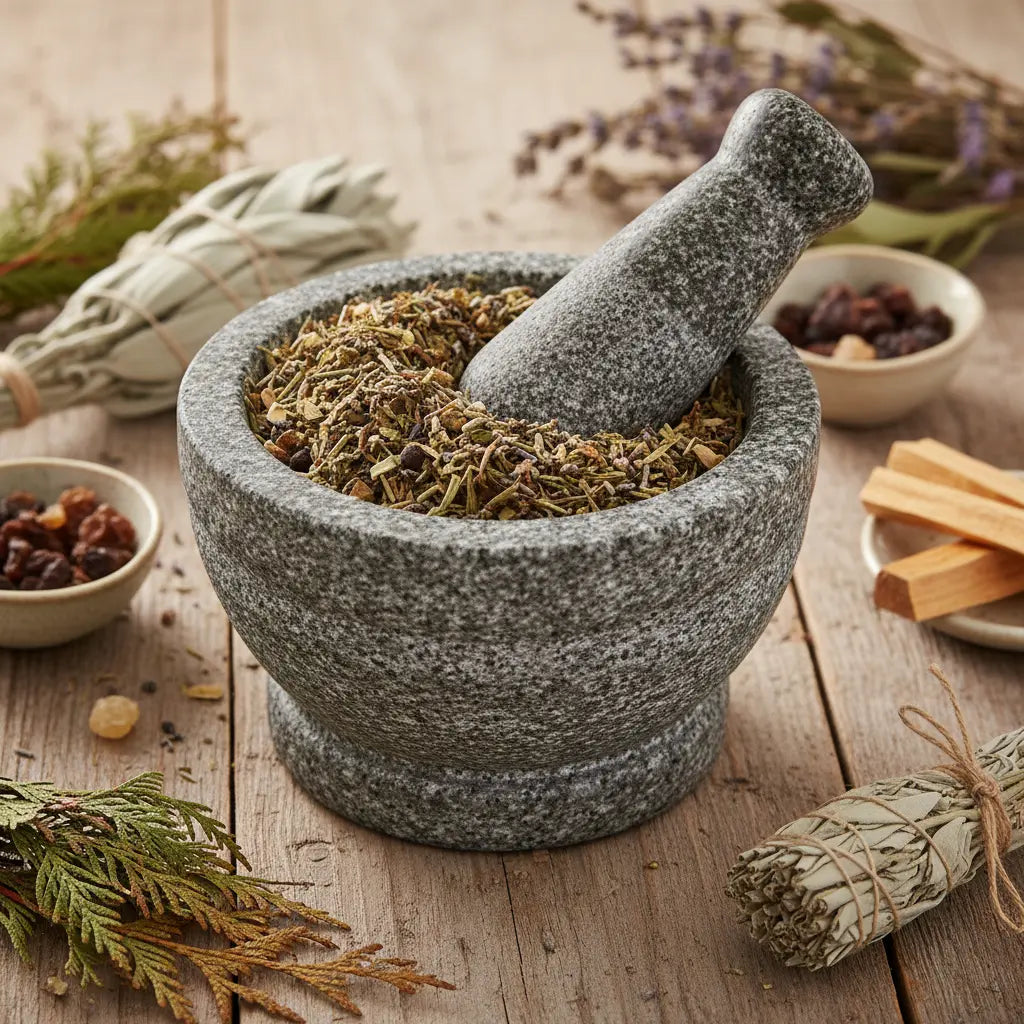 Mélange d’herbes magiques protectrices dans un mortier en pierre, entouré de fagots de sauge et bâtons de palo santo.