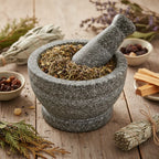 Mélange d’herbes magiques protectrices dans un mortier en pierre, entouré de fagots de sauge et bâtons de palo santo.