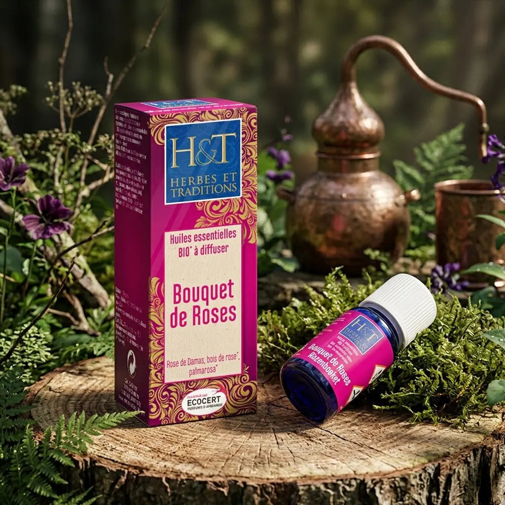 Flacon en verre bleu et son étui Herbes et Traditions avec une étiquette rose, posés sur une souche de bois entourée de mousse, de feuillages et d'un alambic en cuivre en arrière plan.