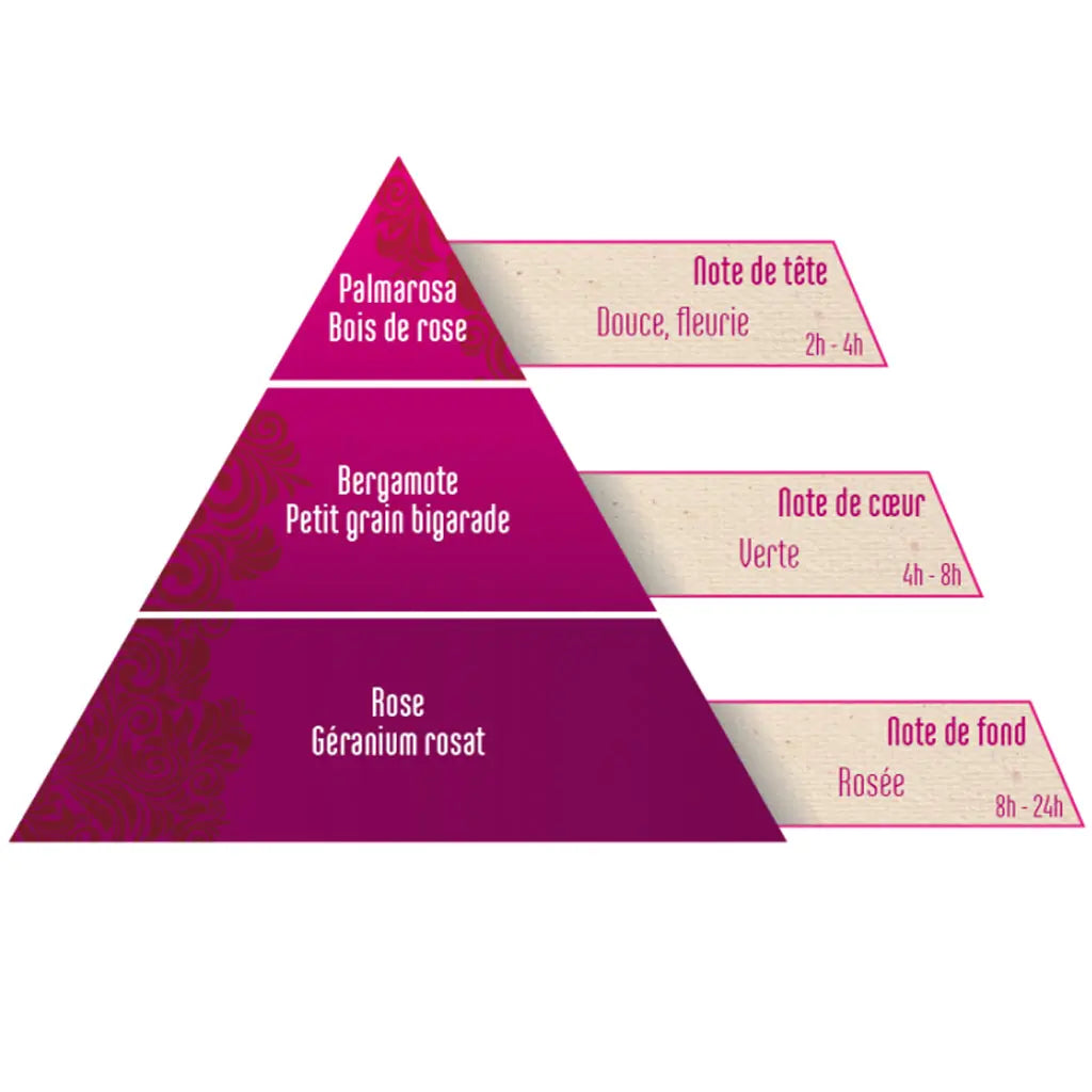 Une pyramide olfactive de la synergie "Bouquet de Roses", détaillant les notes de tête (Palmarosa, Bois de rose), les notes de cœur (Bergamote, Petit grain bigarade) et les notes de fond (Rose, Géranium rosat) avec leurs durées de perception respectives.