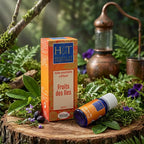 Flacon bleu et étui orange Herbes et Traditions Fruits des Iles sur une souche boisée avec mousses et alambic traditionnel.