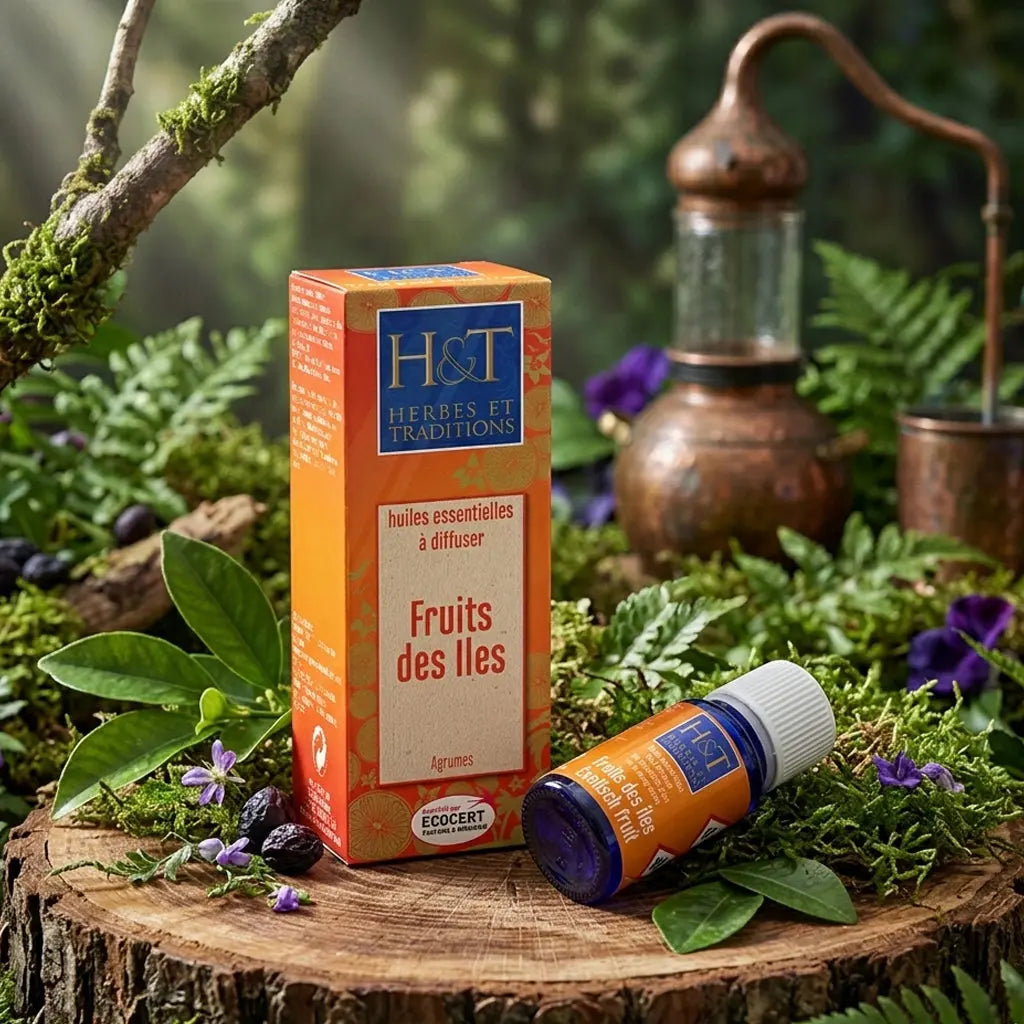 Flacon bleu et étui orange Herbes et Traditions Fruits des Iles sur une souche boisée avec mousses et alambic traditionnel.
