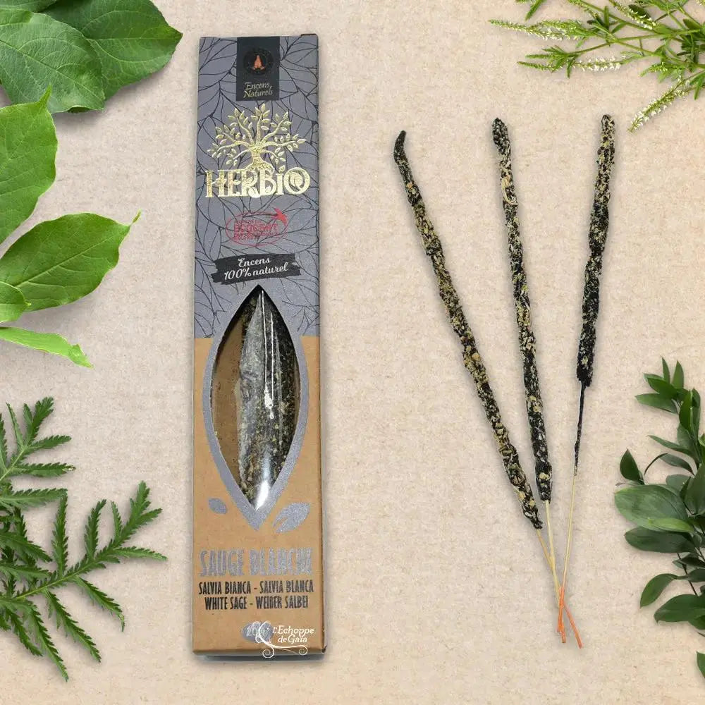 Boîte d'encens Herbio Sauge Blanche naturel grise avec trois bâtonnets végétaux sur fond beige et feuilles vertes