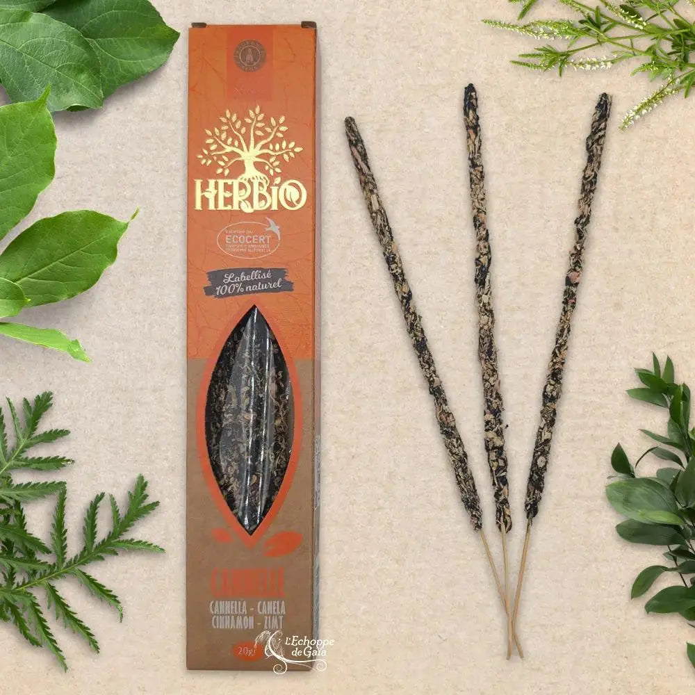 Boîte d'encens Herbio Cannelle naturel orange avec trois bâtonnets à tige beige sur fond beige et feuilles vertes