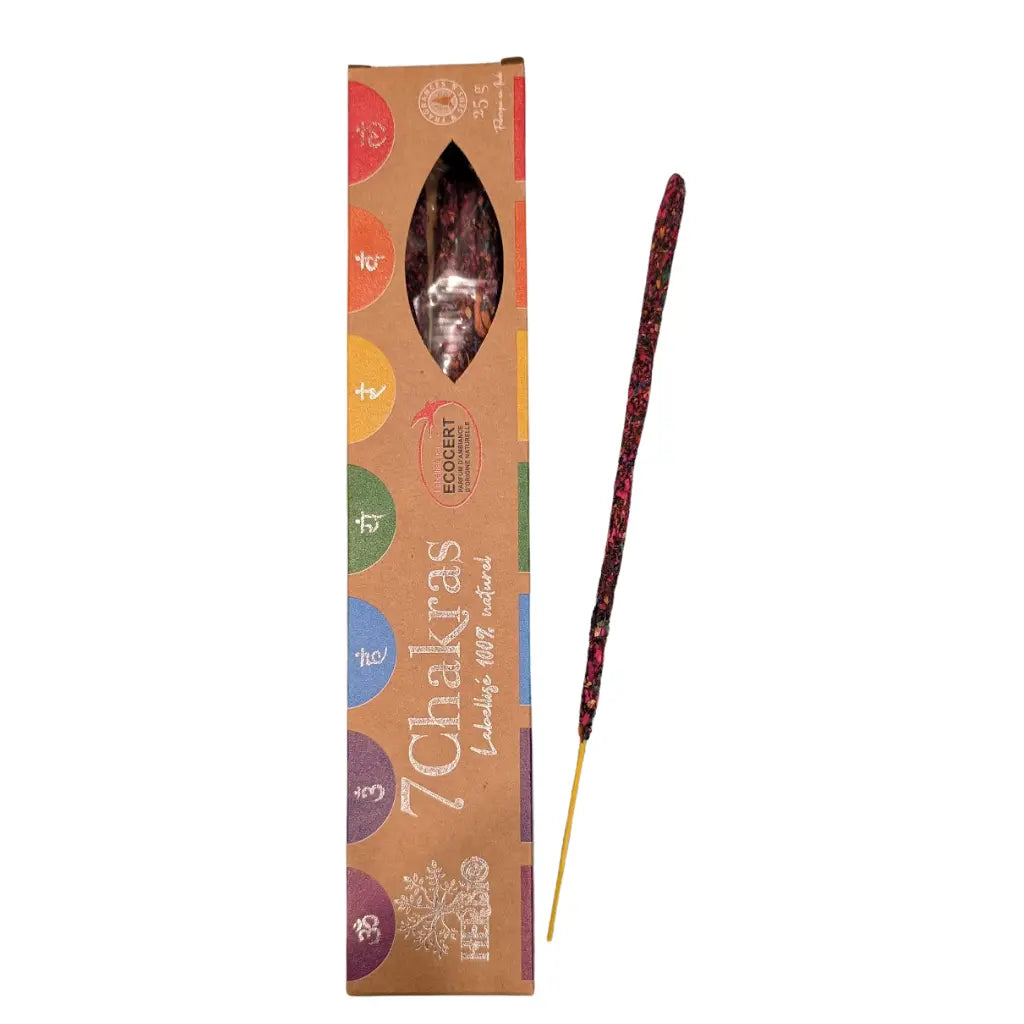 Boîte d'encens Herbio 7 Chakras beige aux symboles colorés avec bâtonnet végétal rouge sur fond blanc