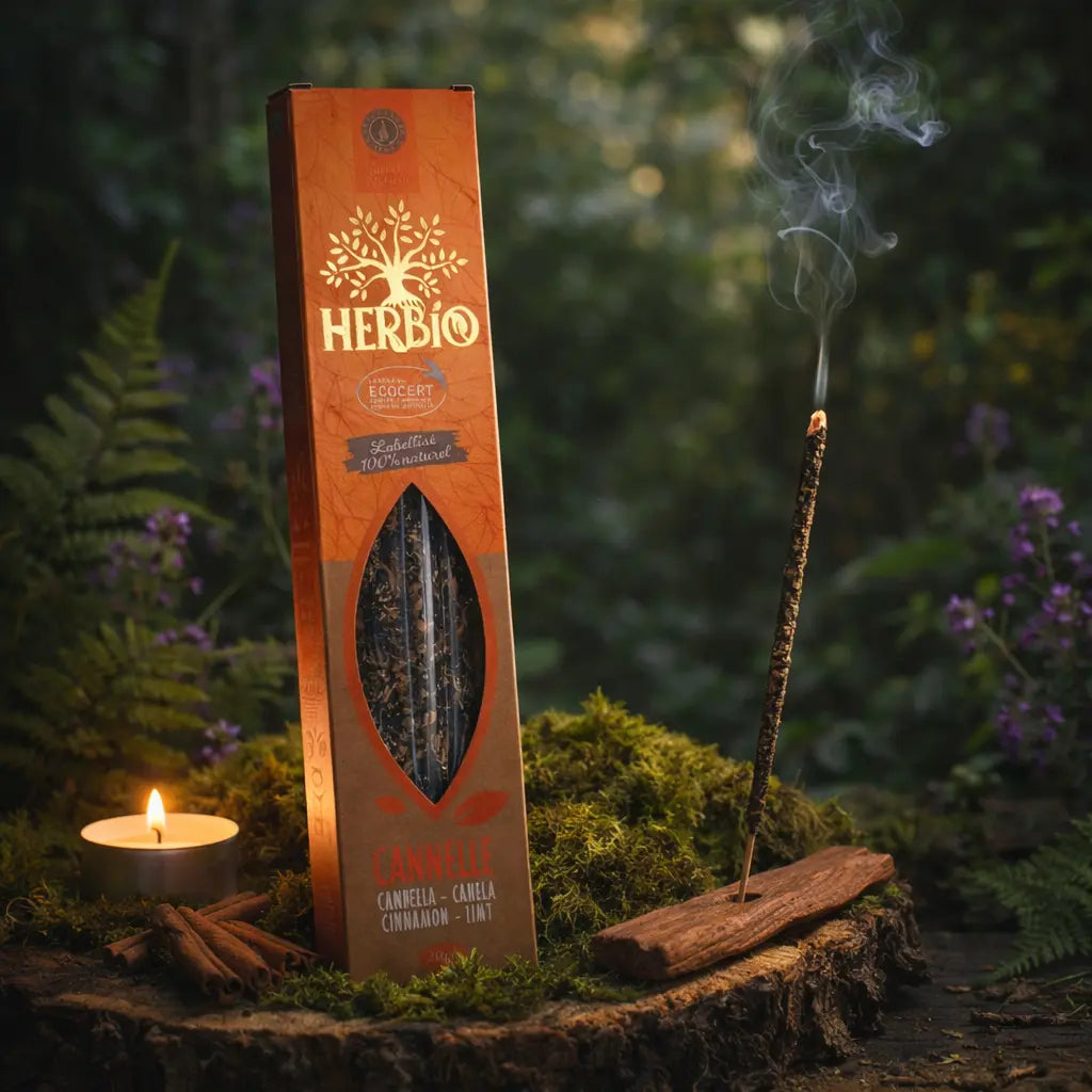 Boîte d'encens Herbio Cannelle naturel orange avec bâtonnet fumant sur porte-encens bois et bâtons de cannelle