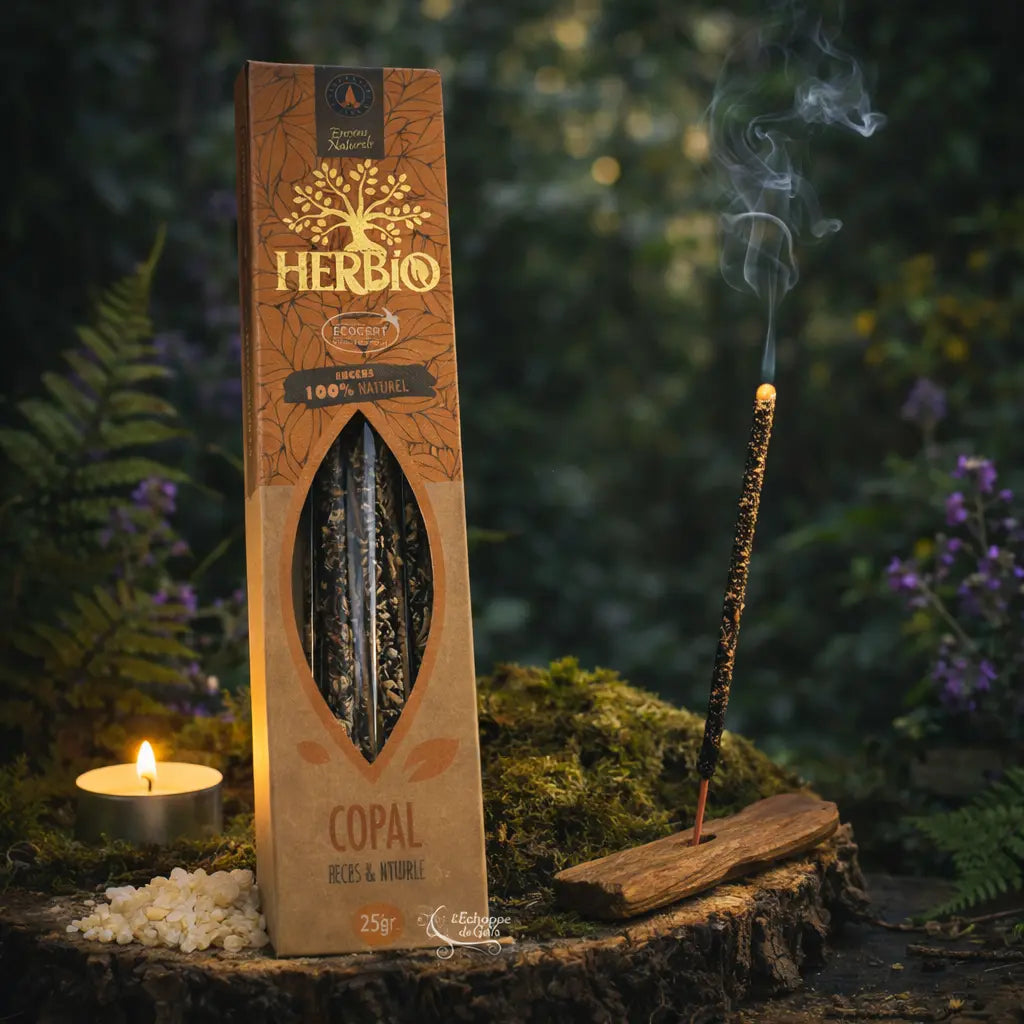 Boîte d'encens Herbio Copal naturel marron avec bâtonnet fumant sur porte-encens bois et résine blanche