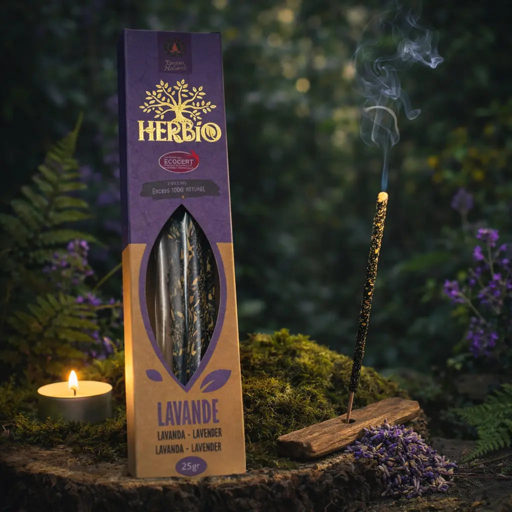 Boîte d'encens Herbio Lavande naturel violette avec bâtonnet fumant sur porte-encens bois et fleurs séchées