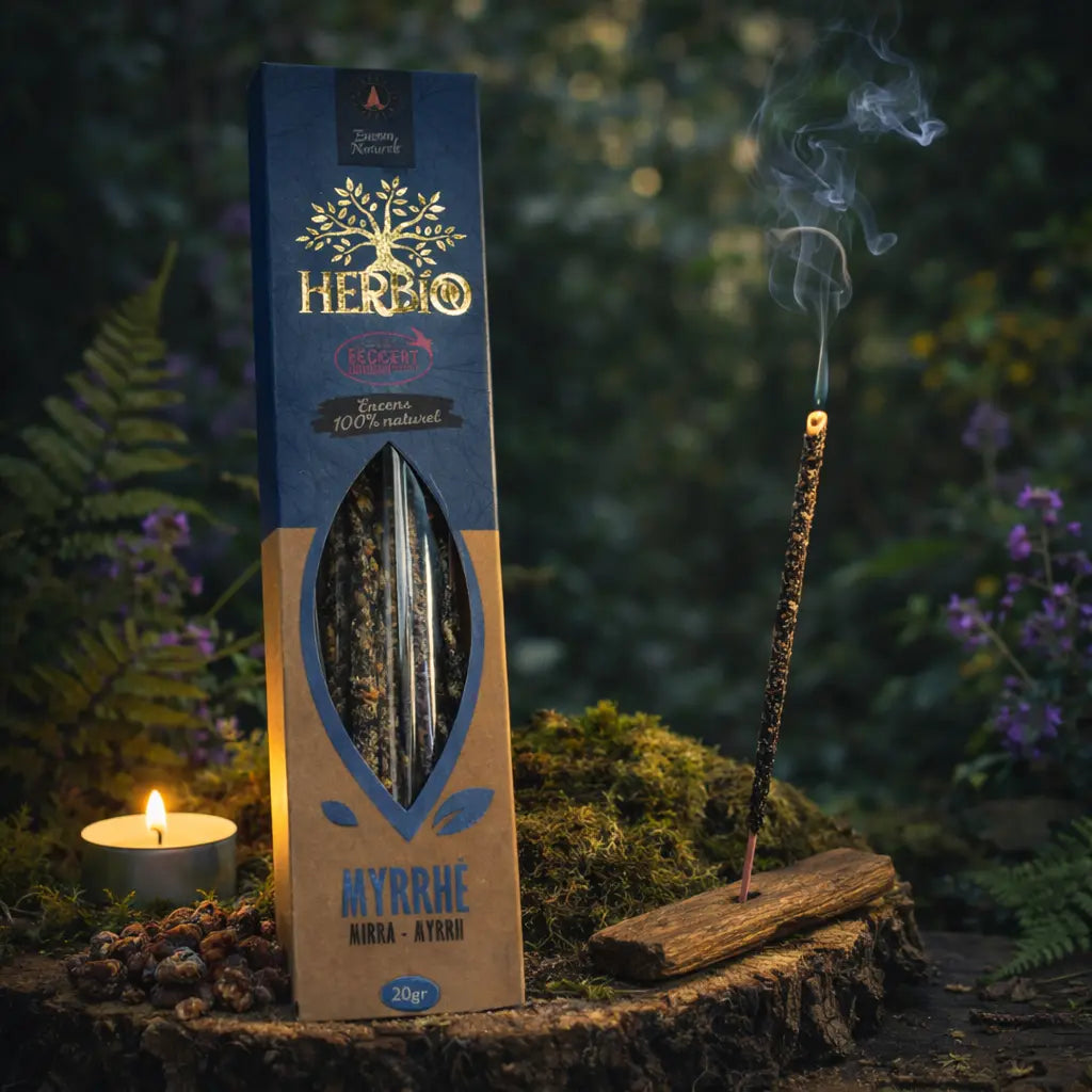Boîte d'encens Herbio Myrrhe naturel bleu avec bâtonnet fumant sur porte-encens bois et résine brune