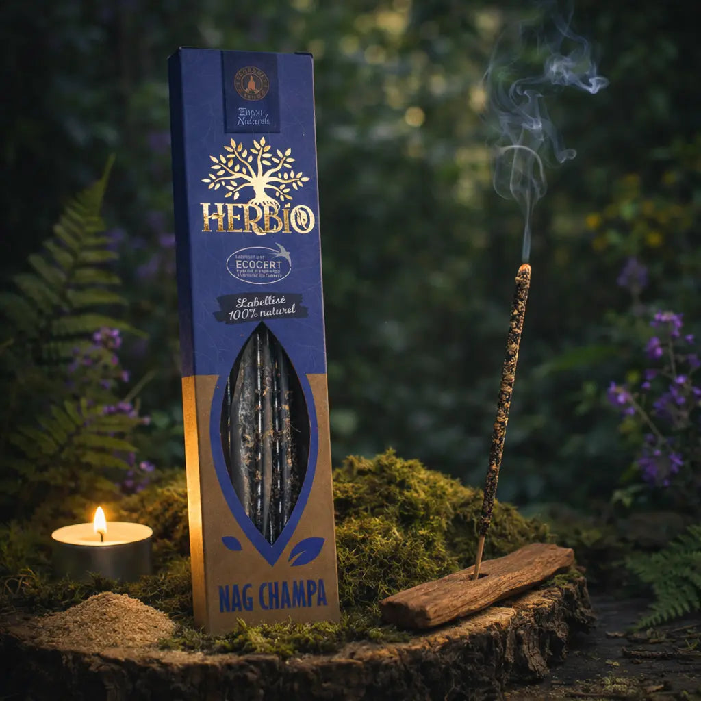 Boîte d'encens Herbio Nag Champa naturel bleu avec bâtonnet fumant sur porte-encens bois et poudre beige