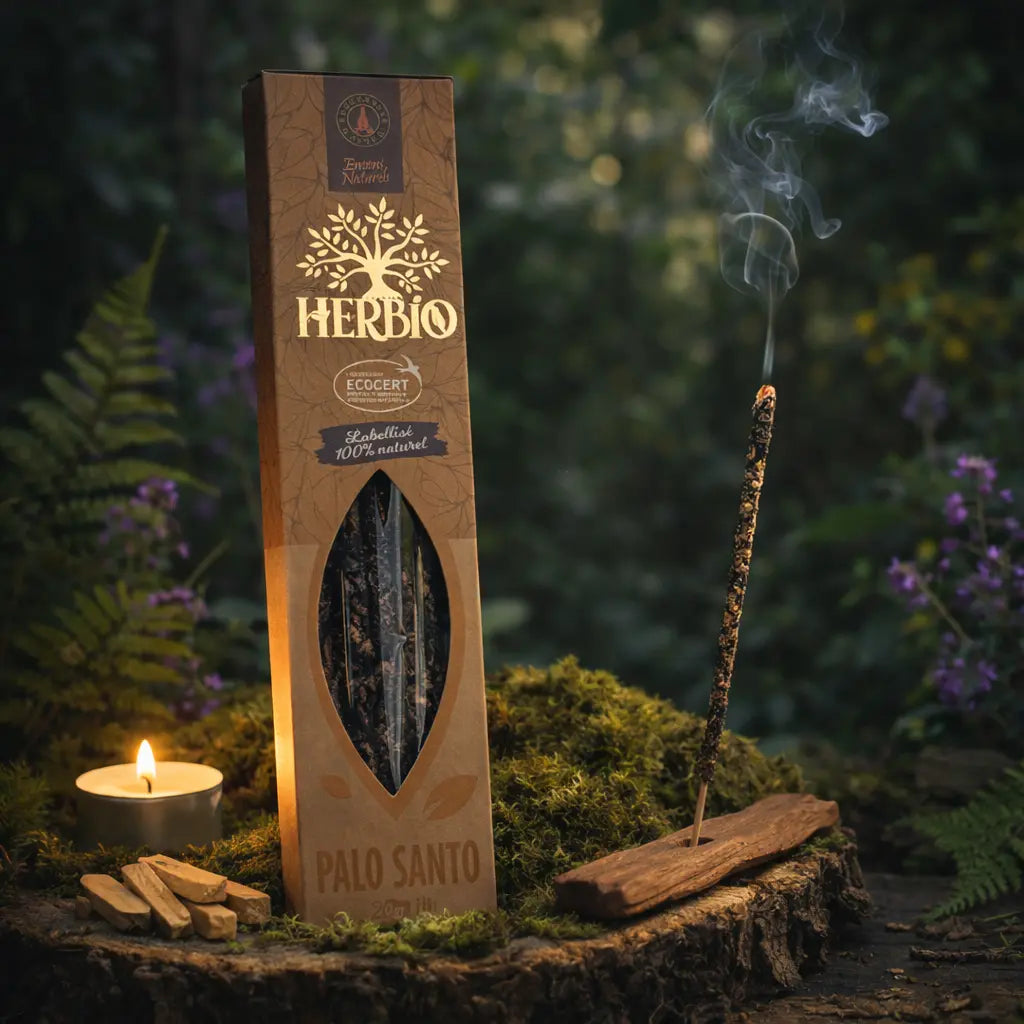 Boîte d'encens Herbio Palo Santo naturel marron avec bâtonnet fumant sur porte-encens bois et morceaux de bois