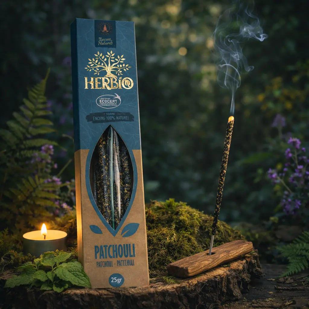 Boîte d'encens Herbio Patchouli naturel bleu avec bâtonnet fumant sur porte-encens en bois et bougie