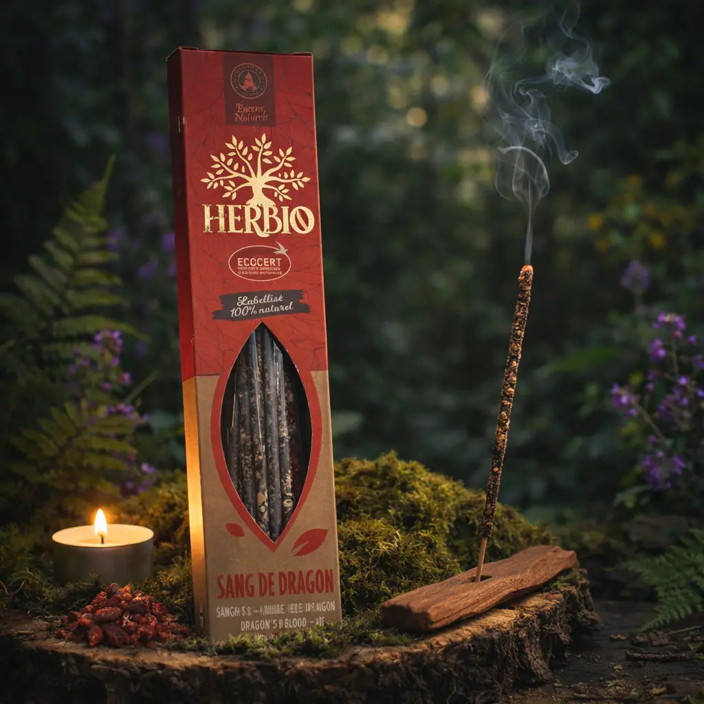 Boîte d'encens Herbio Sang de Dragon naturel rouge avec bâtonnet fumant sur porte-encens bois et résine