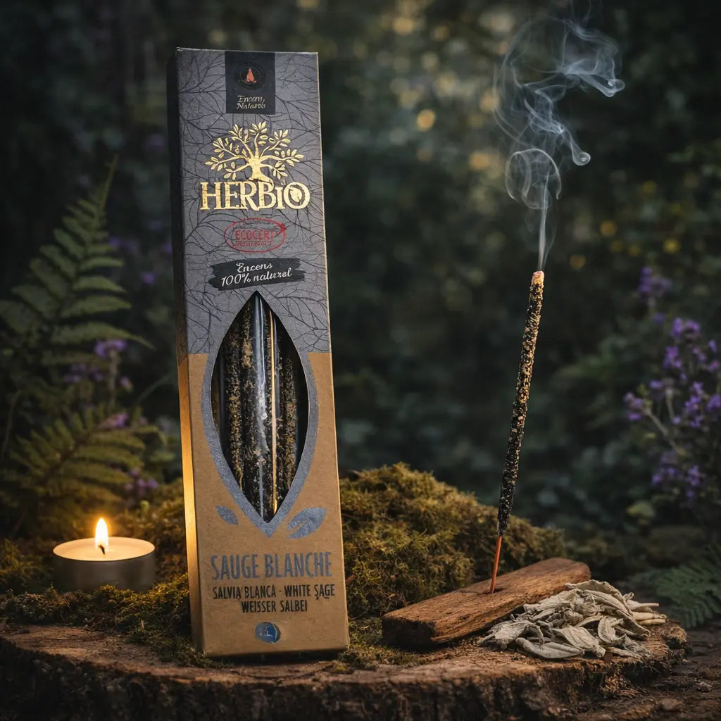 Boîte d'encens Herbio Sauge Blanche avec bâtonnet fumant sur porte-encens en bois et feuilles séchées