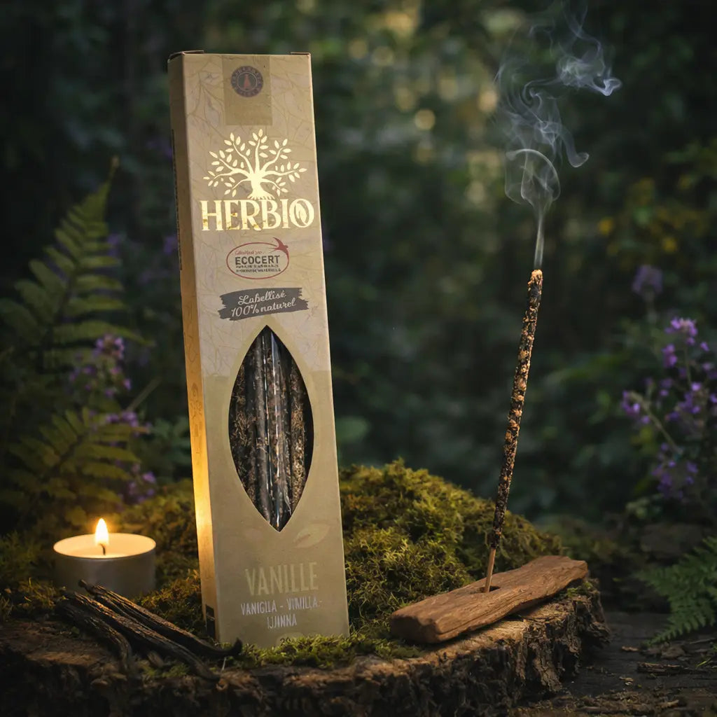 Ambiance ésotérique montrant un étui d'encens Herbio Vanille avec son label Ecocert visible, posé sur une souche d'arbre ancienne parmi des herbes sacrées.