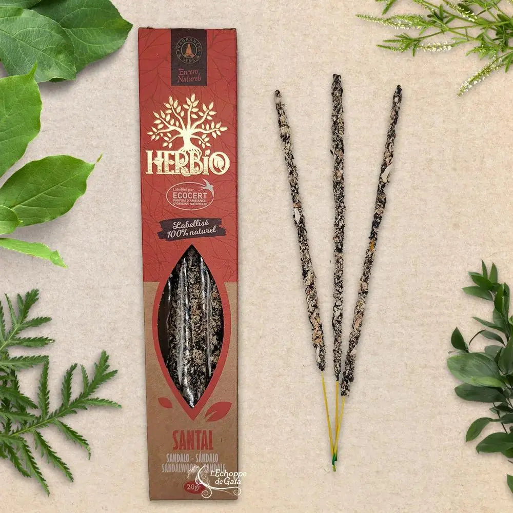 Boîte d'encens Herbio Santal naturel marron avec trois bâtonnets à tige jaune sur fond beige et feuilles vertes