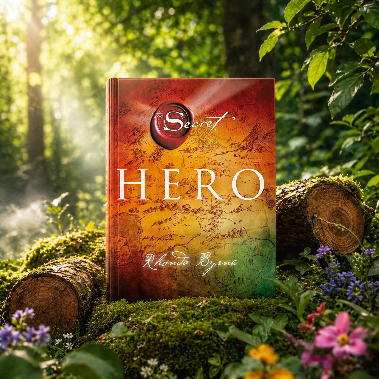 Livre Héros - The secret de Rhonda Byrne posé dans une forêt lumineuse, montrant une carte au trésor ancienne avec un sceau de cire rouge.