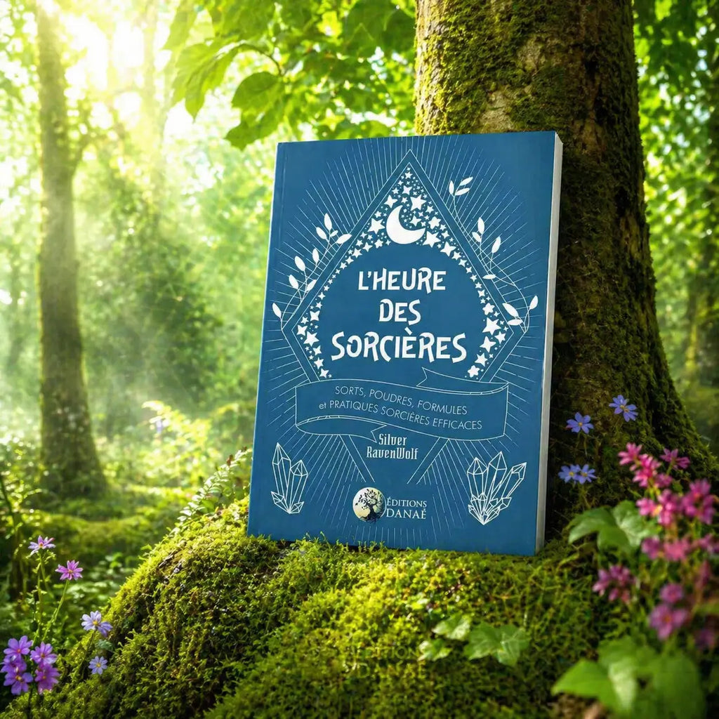 Livre bleu L'Heure des Sorcières de Silver RavenWolf posé dans la mousse d'un sous-bois, illustré de cristaux, d'étoiles et d'un croissant de lune.