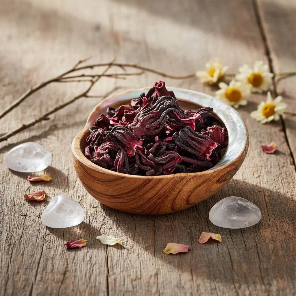 Fleurs d’hibiscus séchées dans une coupelle en bois et nacre, sur table en bois avec cristaux et pétales.