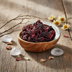Fleurs d’hibiscus séchées dans une coupelle en bois et nacre, sur table en bois avec cristaux et pétales.
