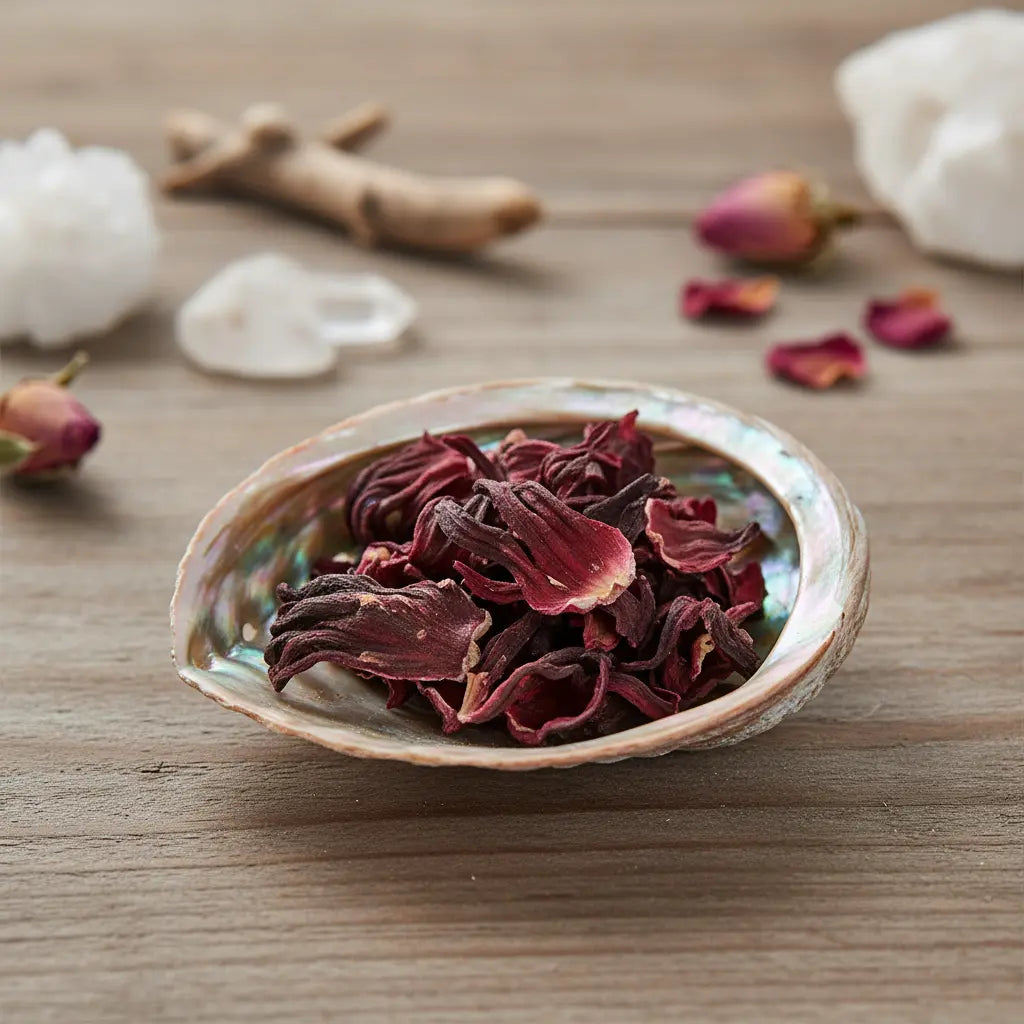 Fleurs d’hibiscus séchées dans une coquille d’ormeau nacrée, posées sur une table en bois avec cristaux et boutons de rose.