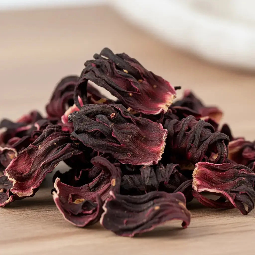 Gros plan sur des fleurs d’hibiscus séchées, aux pétales ondulés rouge foncé sur fond en bois.