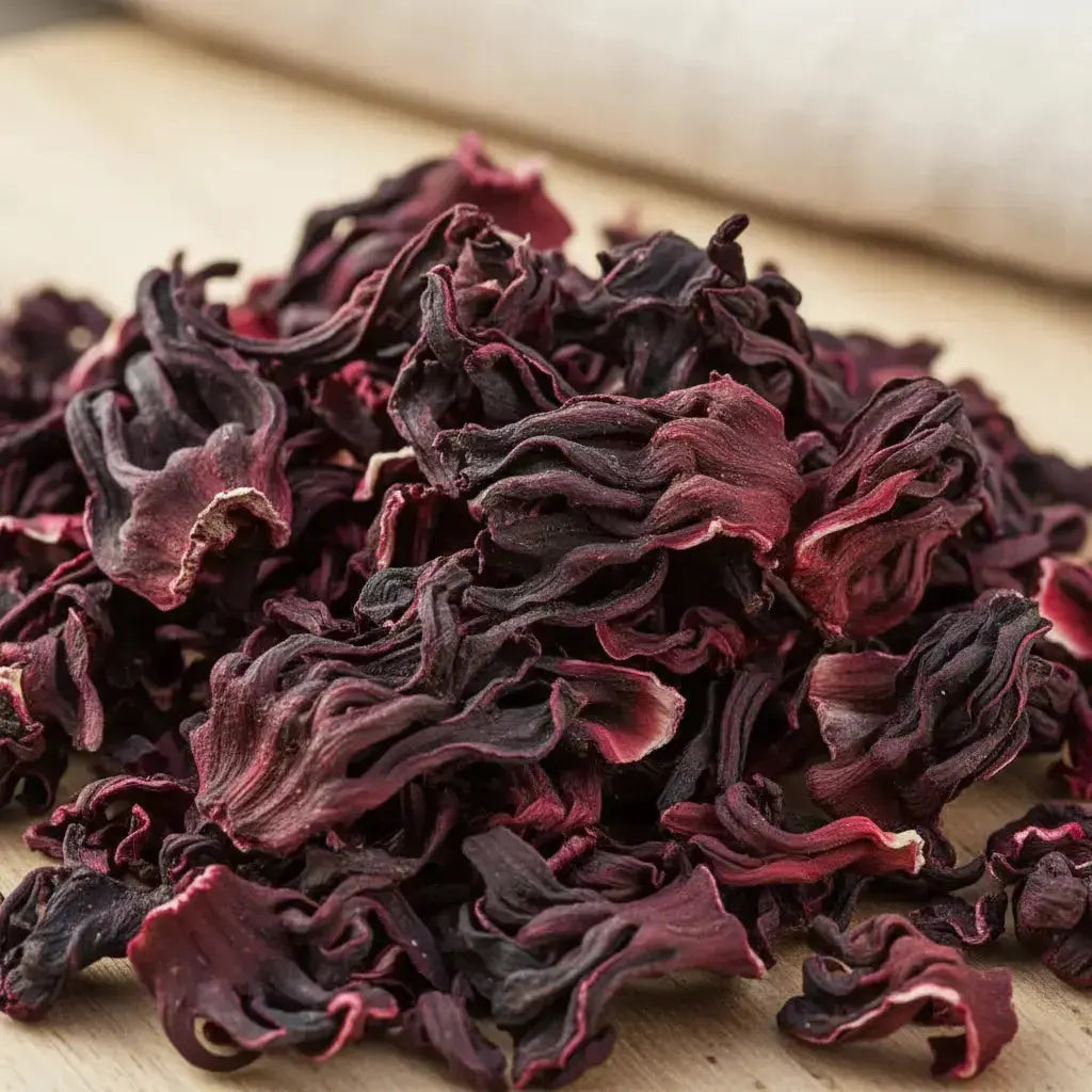 Gros plan sur des pétales d’hibiscus séchés, rouge foncé, en tas sur une surface en bois.