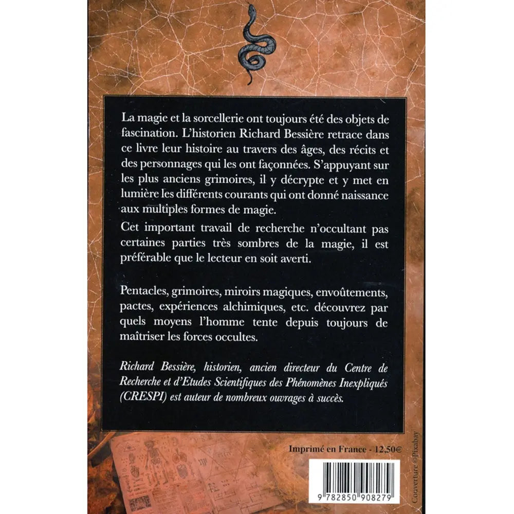 Quatrième de couverture du livre Histoire secrète de la Magie et de la Sorcellerie retraçant l'histoire des arts occultes, des grimoires anciens aux pratiques sombres.