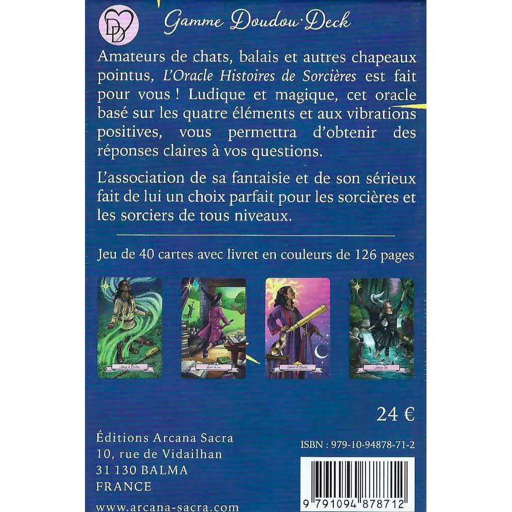 Verso du coffret "Histoires de Sorcières" avec résumé, contenu du jeu (40 cartes), prix de 24 € et code ISBN.