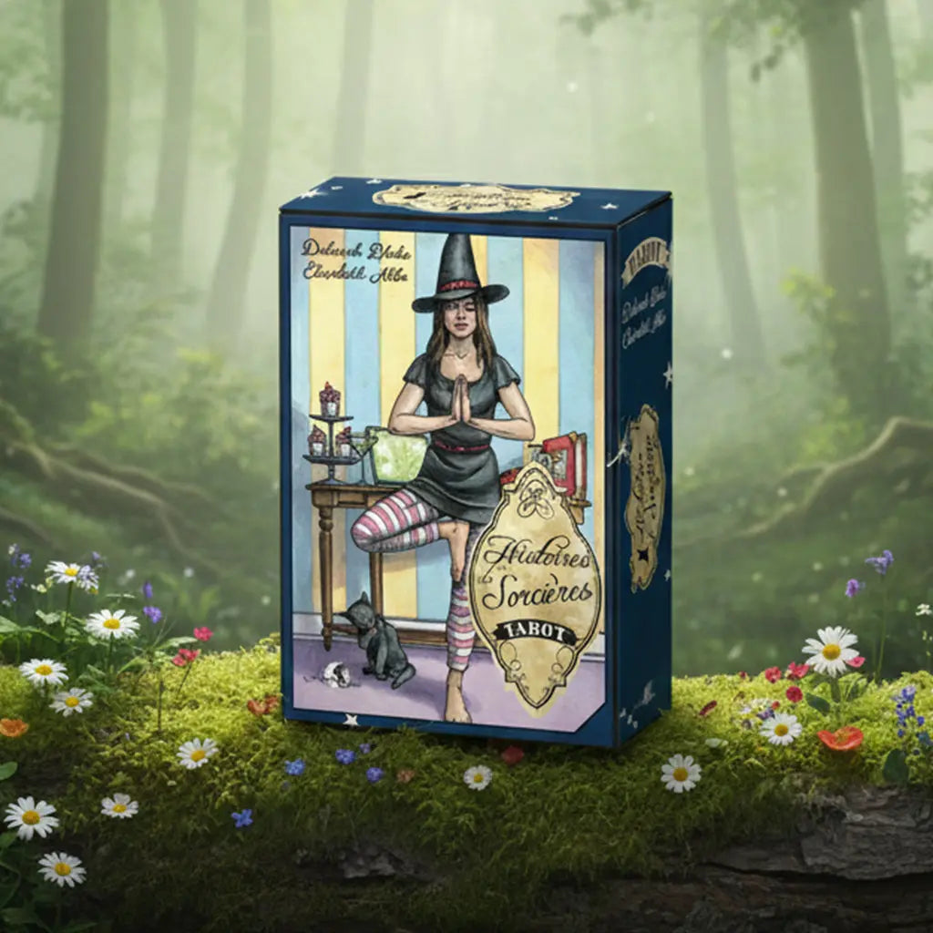 Coffret illustré Histoires de Sorcières - Tarot posé sur une souche, montrant une sorcière moderne sur un balai avec un chat noir et un chapeau pointu.