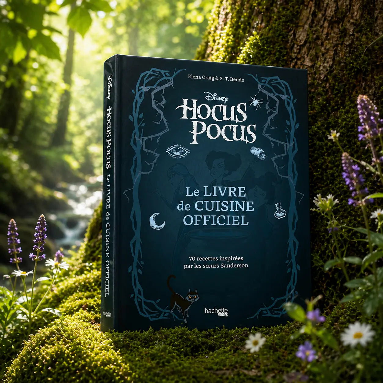 Livre noir Hocus Pocus - Le Livre de Cuisine Officiel posé contre un arbre, illustré par un chat noir, une araignée et des symboles de sorcellerie.