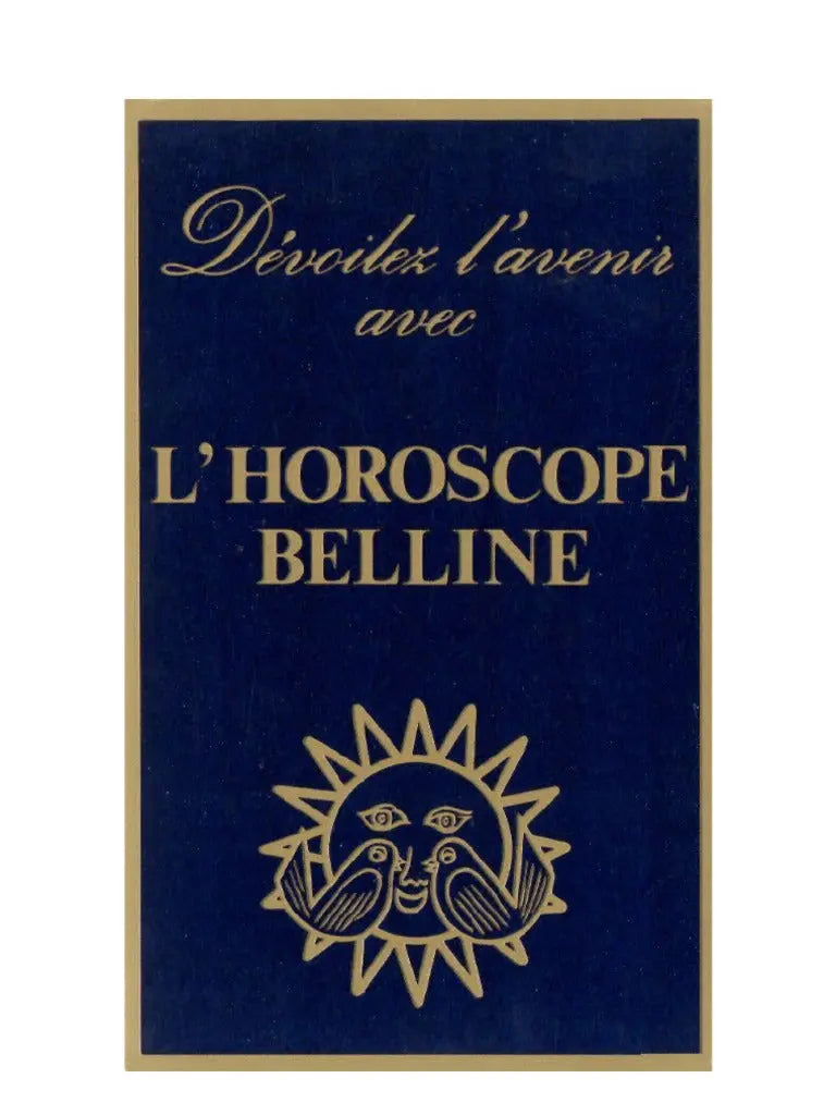 L'Horoscope Belline, coffret de cartes bleu marine avec lettrage doré et illustration d'un soleil rayonnant entouré de deux oiseaux.