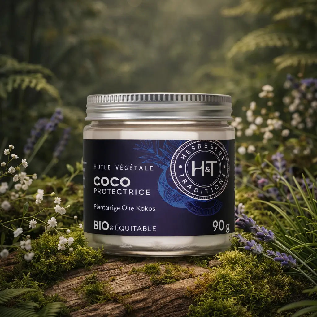 Pot en verre d'Huile Végétale Coco Protectrice Herbes et Traditions déposé sur un lit de mousse forestière avec des petites fleurs blanches et violettes.