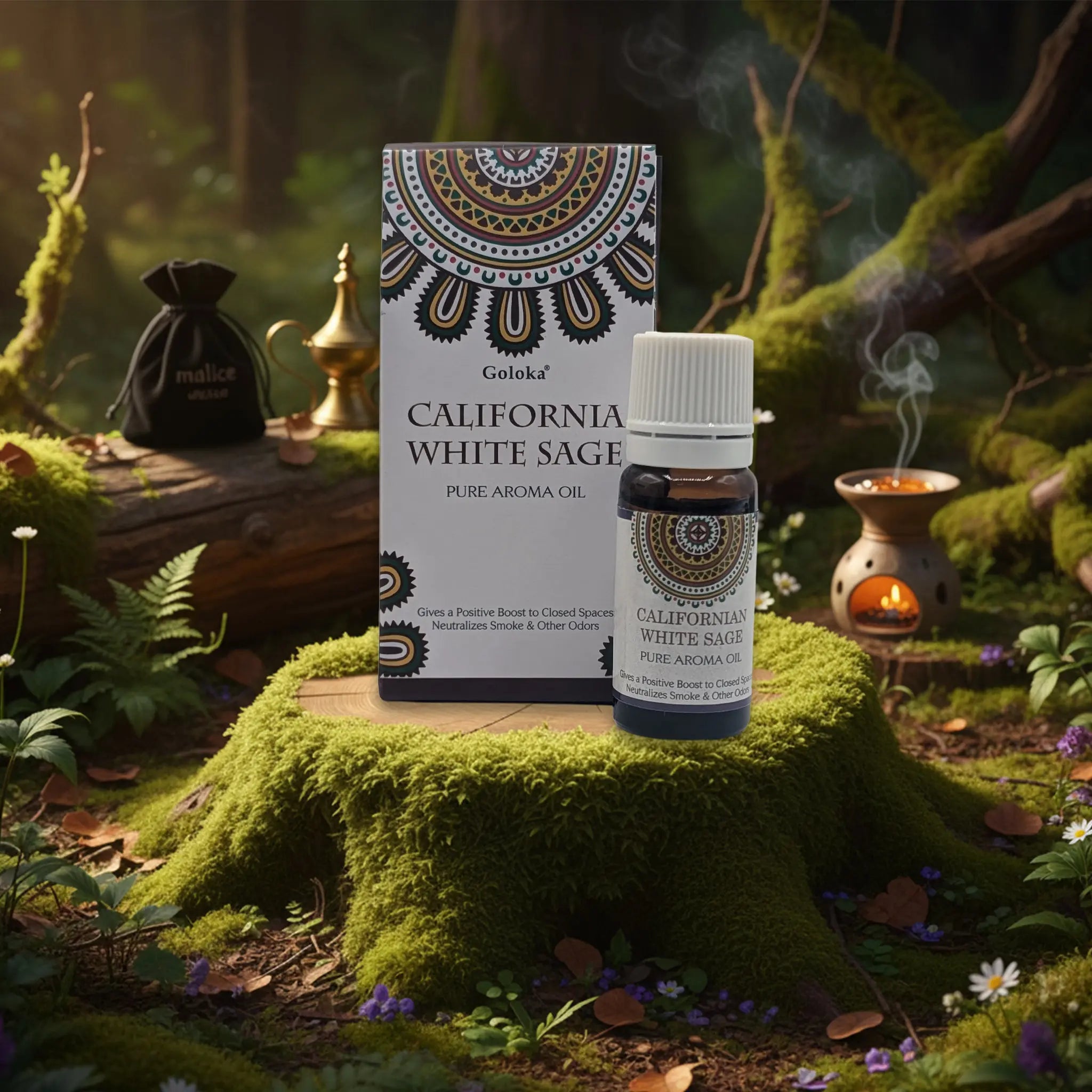 Flacon et boîte d’huile aromatique Goloka « California White Sage » posés sur une souche moussue, dans une ambiance forêt avec bougie allumée et fumée d’encens.