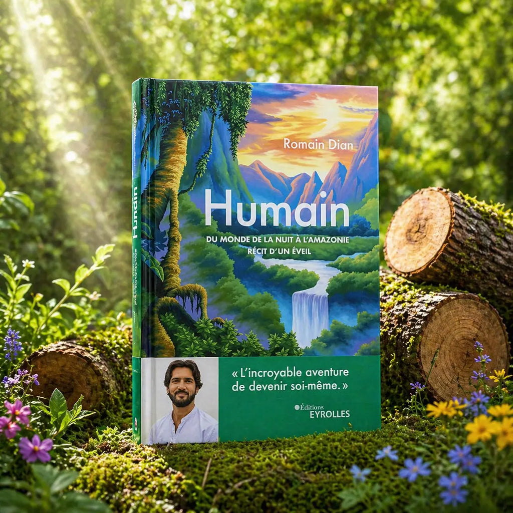 Livre Humain - Du Monde de la Nuit à l'Amazonie illustré d'une jungle luxuriante, d'une cascade et d'un portrait de l'auteur Romain Dian.