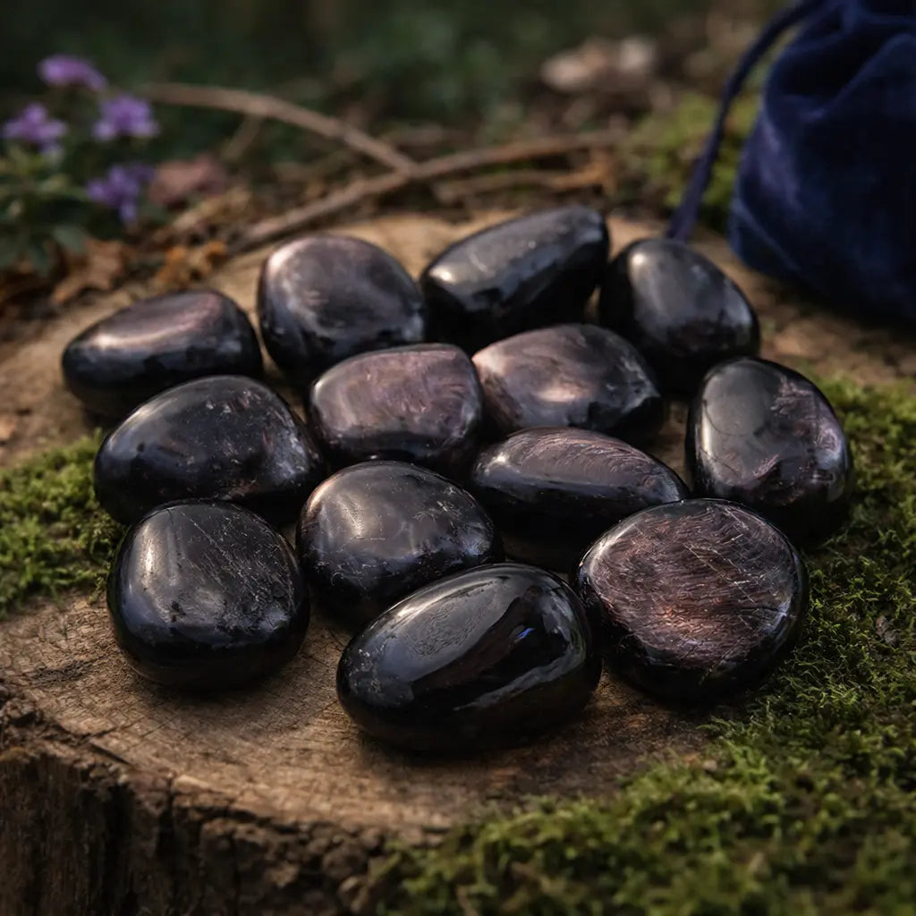 Pierres d'Hypersthène polies aux reflets métalliques brun argenté, disposées sur un bois ancien moussue pour une ambiance de force tranquille et mystique.