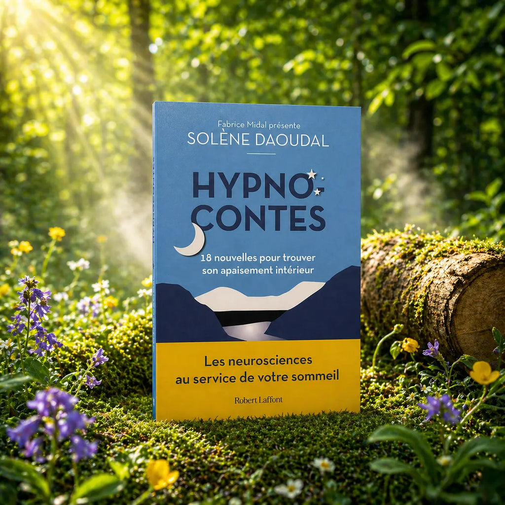Livre bleu et jaune Hypnocontes de Solène Daoudal posé dans la mousse d'une forêt, illustré d'un croissant de lune et de montagnes stylisées.
