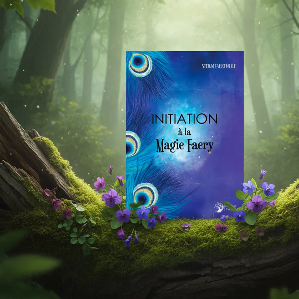 Livre bleu Initiation à la Magie Faery de Storm Faerywolf posé sur une souche, illustré de plumes de paon vibrantes.