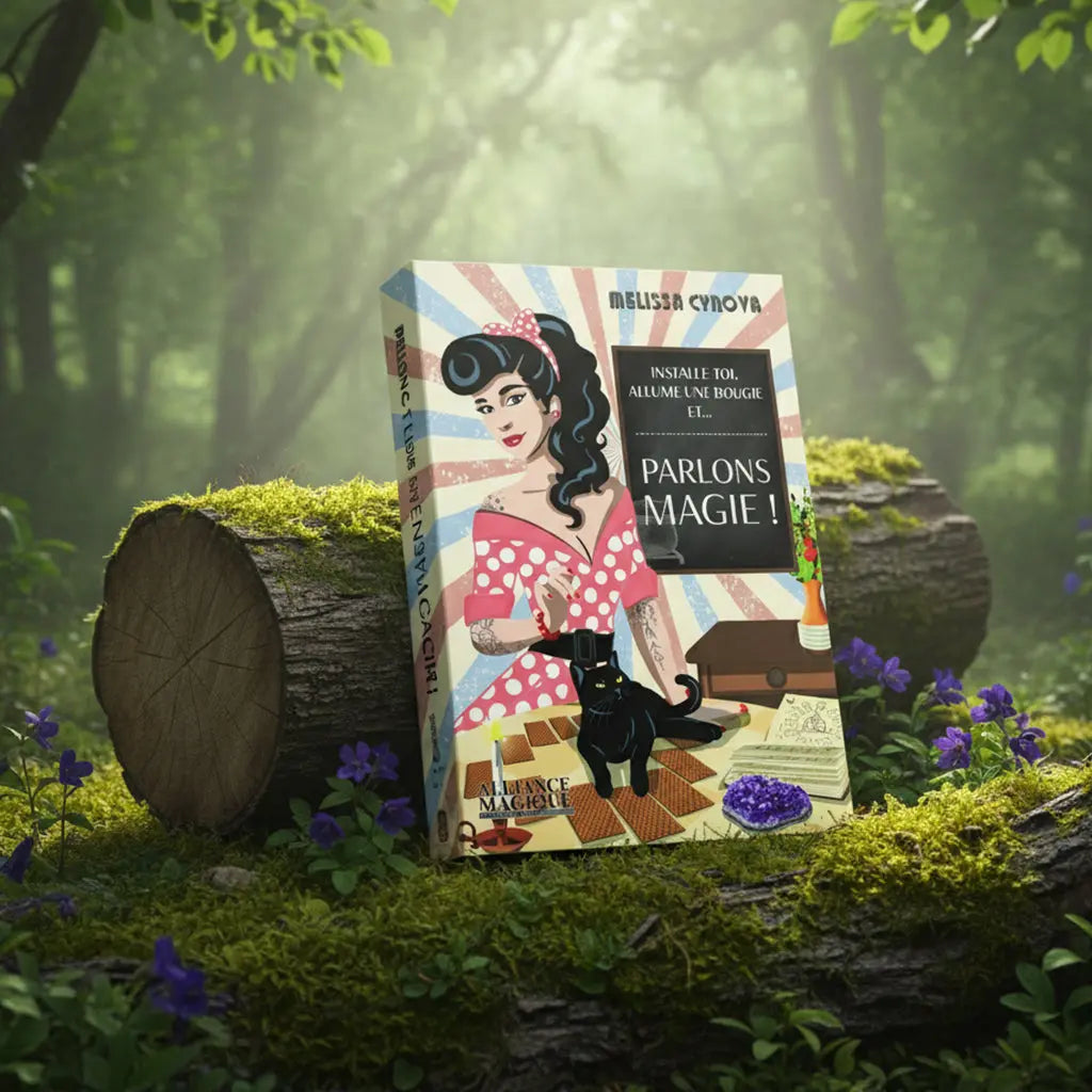Livre Installe toi, allume une bougie et... Parlons Magie ! de Melissa Cynova posé sur une souche, illustré d'une sorcière moderne façon pin-up avec son chat noir.