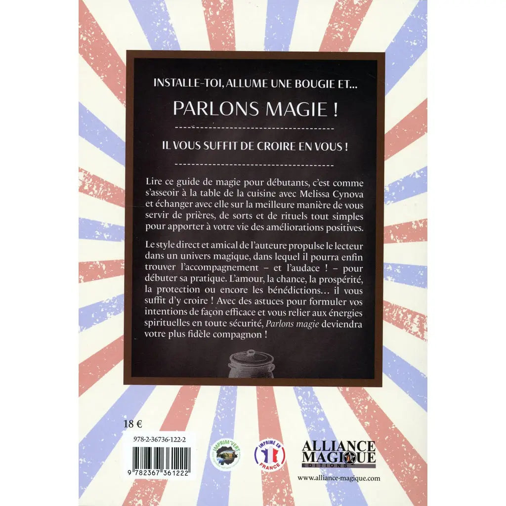 Dos du livre Installe-toi, allume une bougie et... Parlons Magie ! de Melissa Cynova, publié aux éditions Alliance Magique.