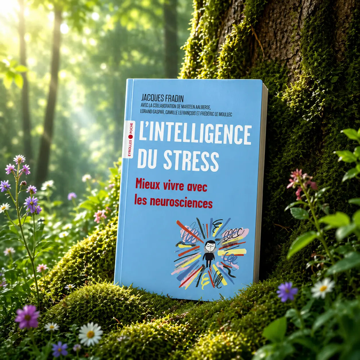 Livre de poche bleu L'Intelligence du Stress de Jacques Fradin posé dans la mousse forestière, illustré d'un personnage entouré de gribouillis colorés symbolisant le stress.