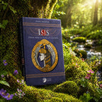 Livre bleu foncé Isis - Déesse-Mère de Rome et d'Egypte posé dans la mousse au bord d'un ruisseau, illustré d'un médaillon doré représentant le profil de la déesse ailée.