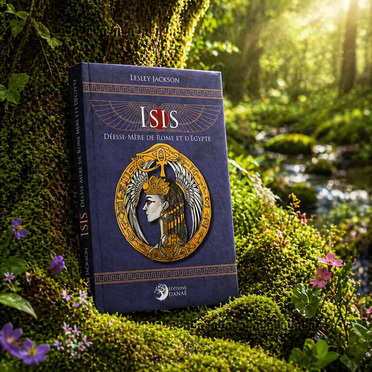 Livre bleu foncé Isis - Déesse-Mère de Rome et d'Egypte posé dans la mousse au bord d'un ruisseau, illustré d'un médaillon doré représentant le profil de la déesse ailée.