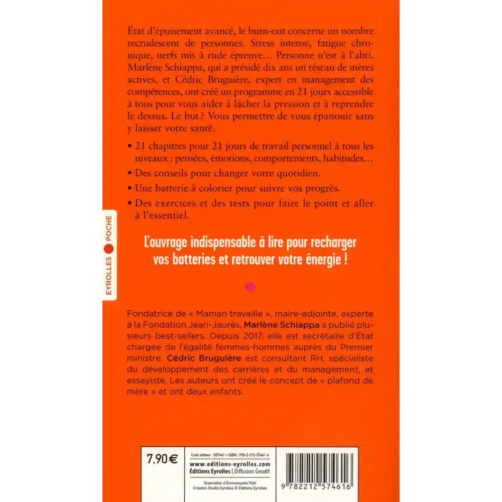 Quatrième de couverture du livre "J'arrête de m'épuiser !" avec résumé du programme, biographies des auteurs, prix de 7,90 € et code ISBN.