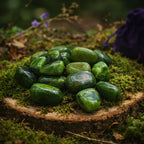 Un monticule de pierres de jade polies d'un vert forêt intense, disposées sur un socle de bois recouvert de mousse avec un pochon violet en arrière-plan.