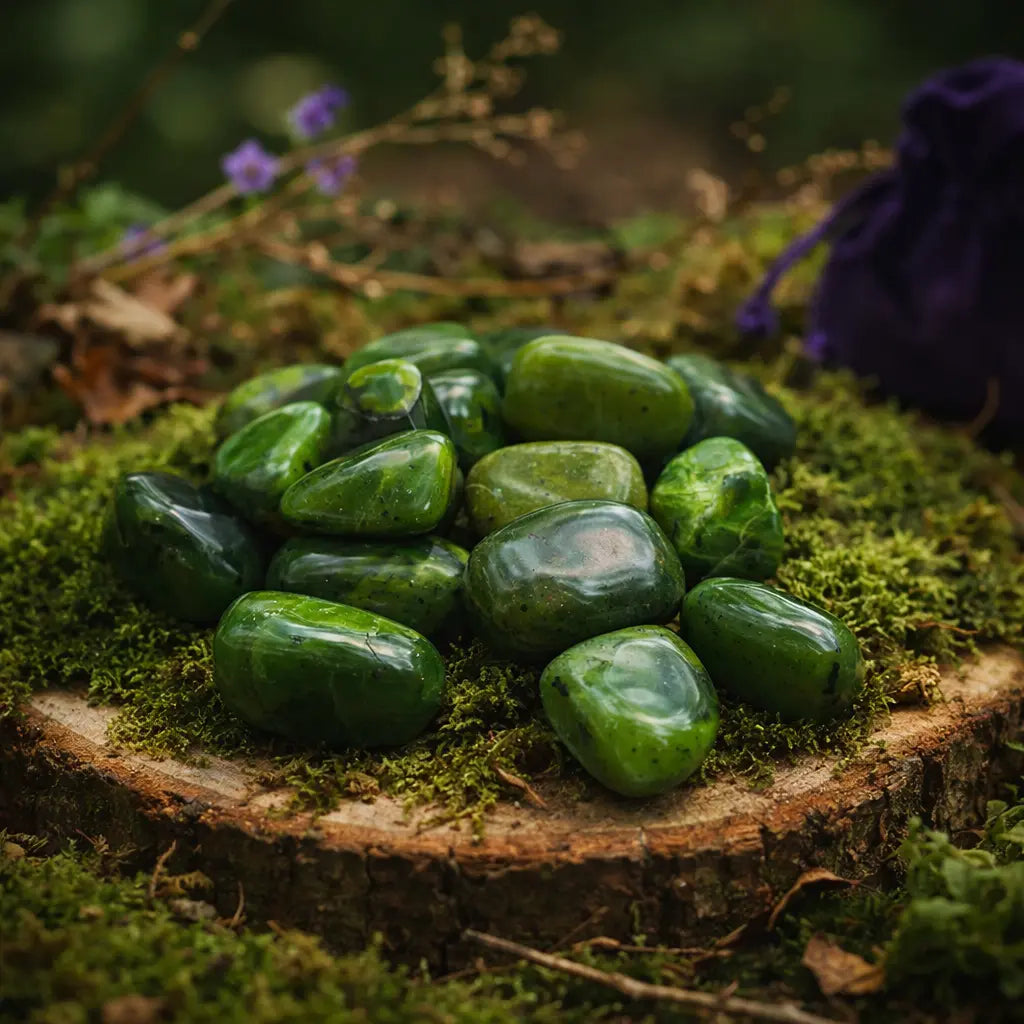 Un monticule de pierres de jade polies d'un vert forêt intense, disposées sur un socle de bois recouvert de mousse avec un pochon violet en arrière-plan.
