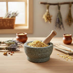 Grains d'encens de résine Jasmin (jaune et ambre) dans un mortier en granit gris avec pilon en bois, entouré de brins de lavande séchée et d'herbes suspendues.